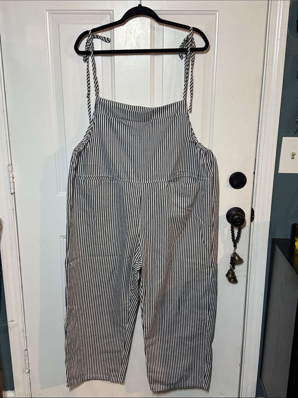 Black & White Vertical Stripe Tie-Shoulder Jumpsuit